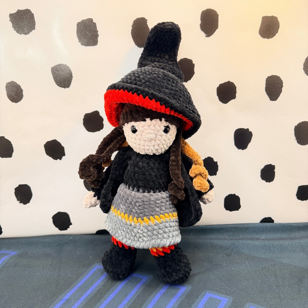 Handmade Crochet Witch Plush Doll Unisex Black Red Grey Amigurumi Stuffed Toy